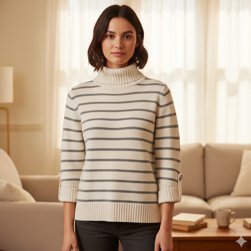 Jones New York women's sweater white with gray stripes 3/4 sleeve size small